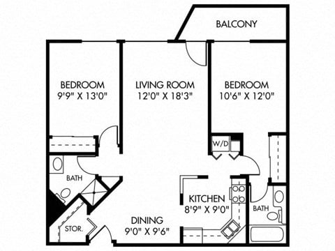 Floor plan for 2 beds, 2 baths, 960 sqft
